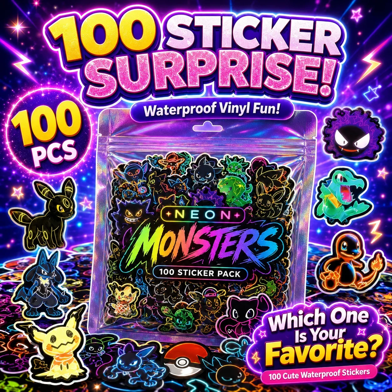 100pcs Neon  Pokémon  Stickers - Skateboard review and price